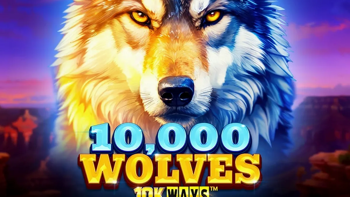 Ang logo at visual na tema ng 10,000 Wolves 10K Ways slot.