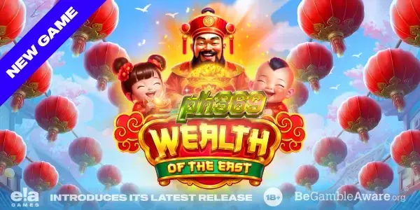 Wealth of the East slot game screen na may temang silangan at mga simbolo ng dice.